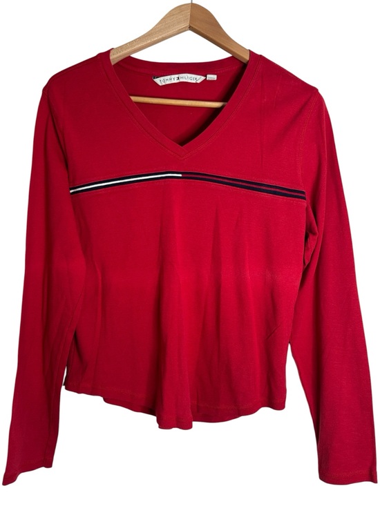 Tommy Hilfiger Tops - Tommy Hilfiger Vintage Red V‑Neck Long Sleeve Top Stripe Logo Street-style sz XL